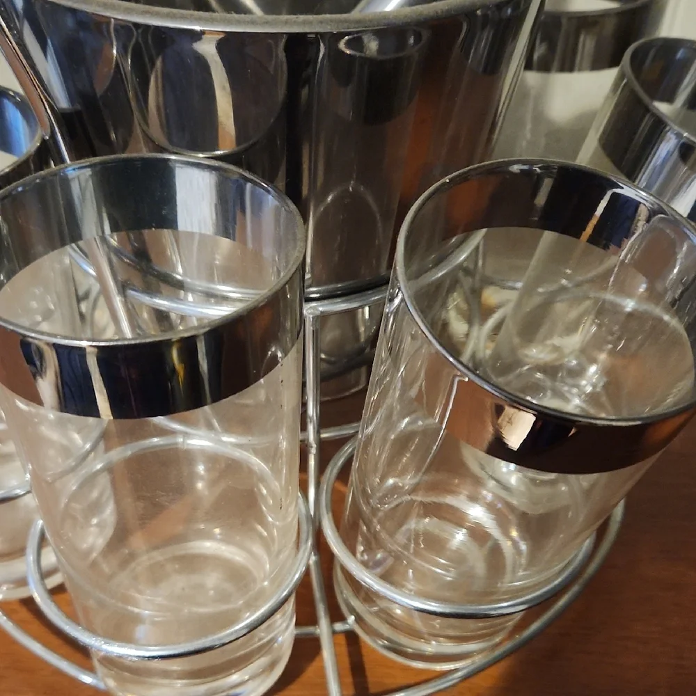 Vintage Mid-Century Modern Beverage / Cocktail Set – Glasses, Ice Bucket & Stand